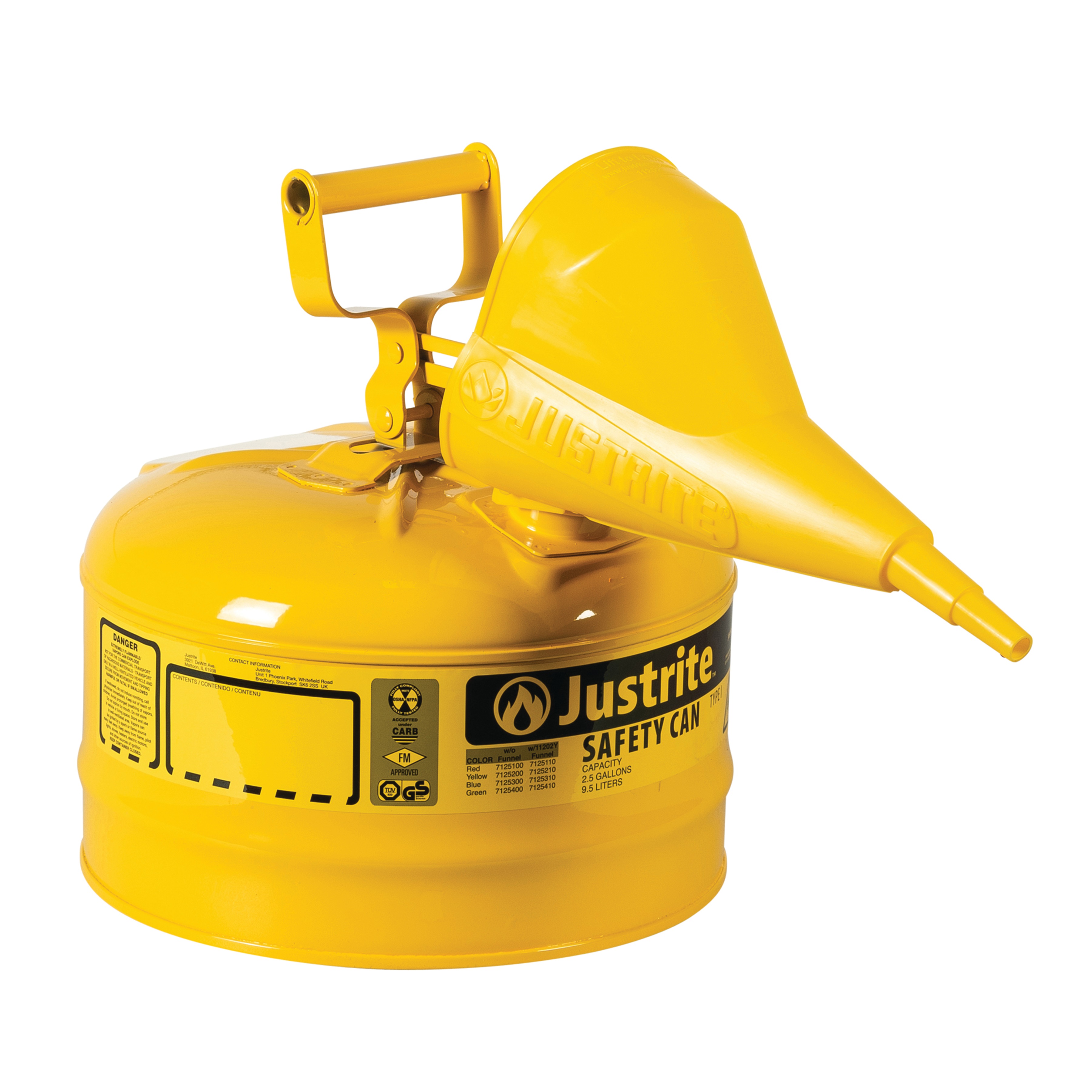 Justrite Swinging Handle Type 1 Safety Cans with Funnel Yellow - Spill Containment